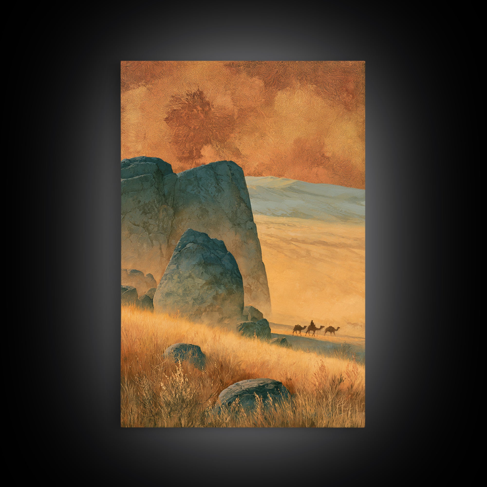 Saharan Dunes with Tiny Caravan Silhouettes Framed Canvas Print, Desert Art, Boho, Southwestern Decor, Fine Art, Desert, DES-2x3-34