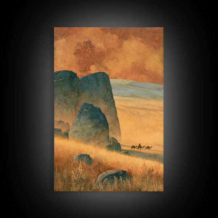 Saharan Dunes with Tiny Caravan Silhouettes Framed Canvas Print, Desert Art, Boho, Southwestern Decor, Fine Art, Desert, DES-2x3-34