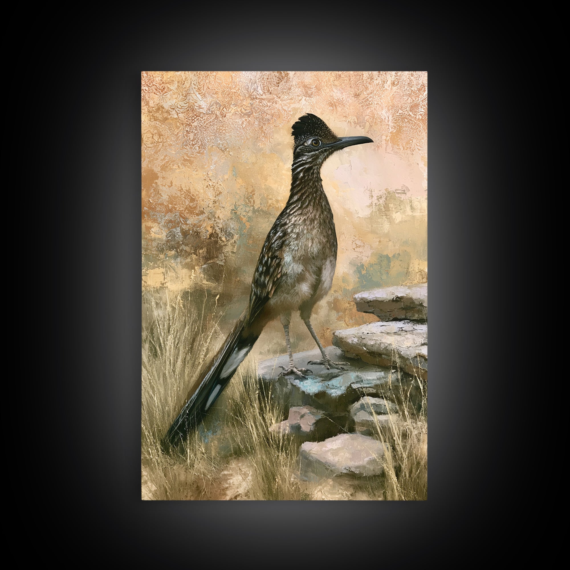 Roadrunner Bird in a Dry Wash Framed Canvas Print, Desert Art, Original Painting, Southwestern Decor, Fine Art, Desert, DES-2x3-46