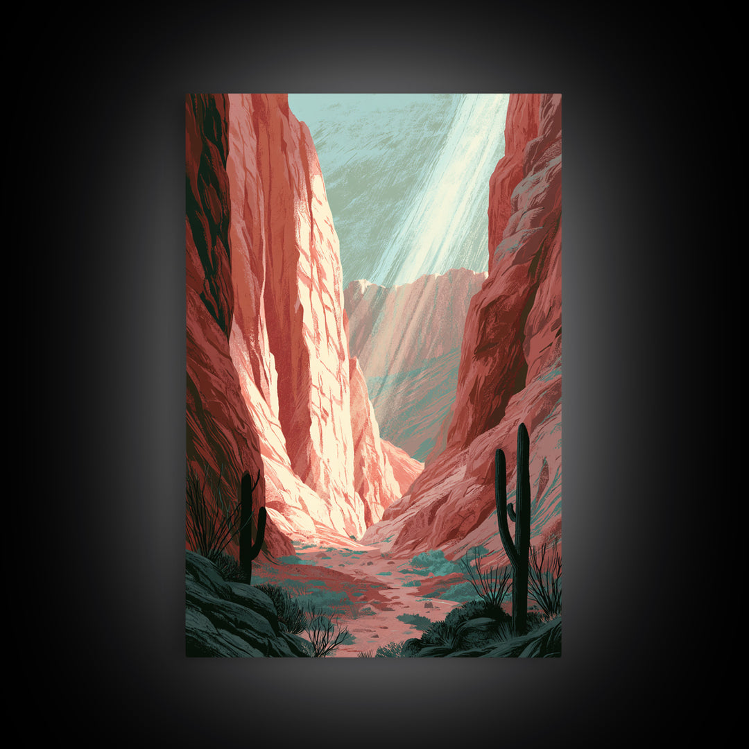 Sandstone Canyon with Dramatic Light Beam Framed Canvas Print, Desert Art, Boho, Southwestern Decor, Watercolor Art, Desert, DES-2x3-48