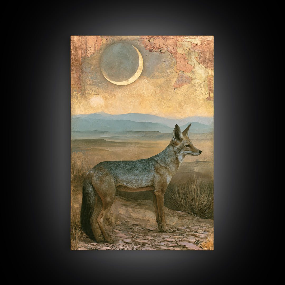 Desert Fox Beneath a Crescent Moon Canvas Print, Desert Art, Bedroom Wall Art, Southwestern Decor, Desert, Fine Art Print, DES-2x3-49