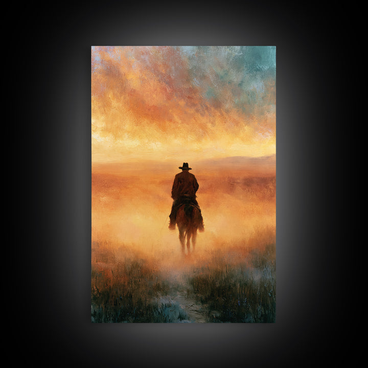 Dusty Horseback Rider at Sunset Framed Canvas Print, Desert Art, Boho Decor, Southwestern Decor, Oil Painting, Desert, DES-2x3-55