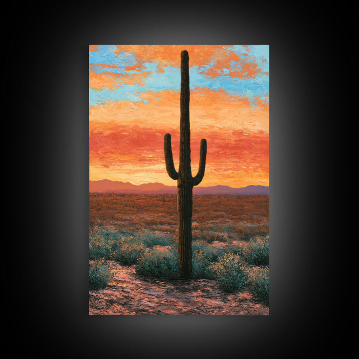 Saguaro Cactus under Orange Sunset Sky Canvas Print, Desert Art, Living Room Art, Southwestern Decor, Fine Art, Desert, DES-2x3-57