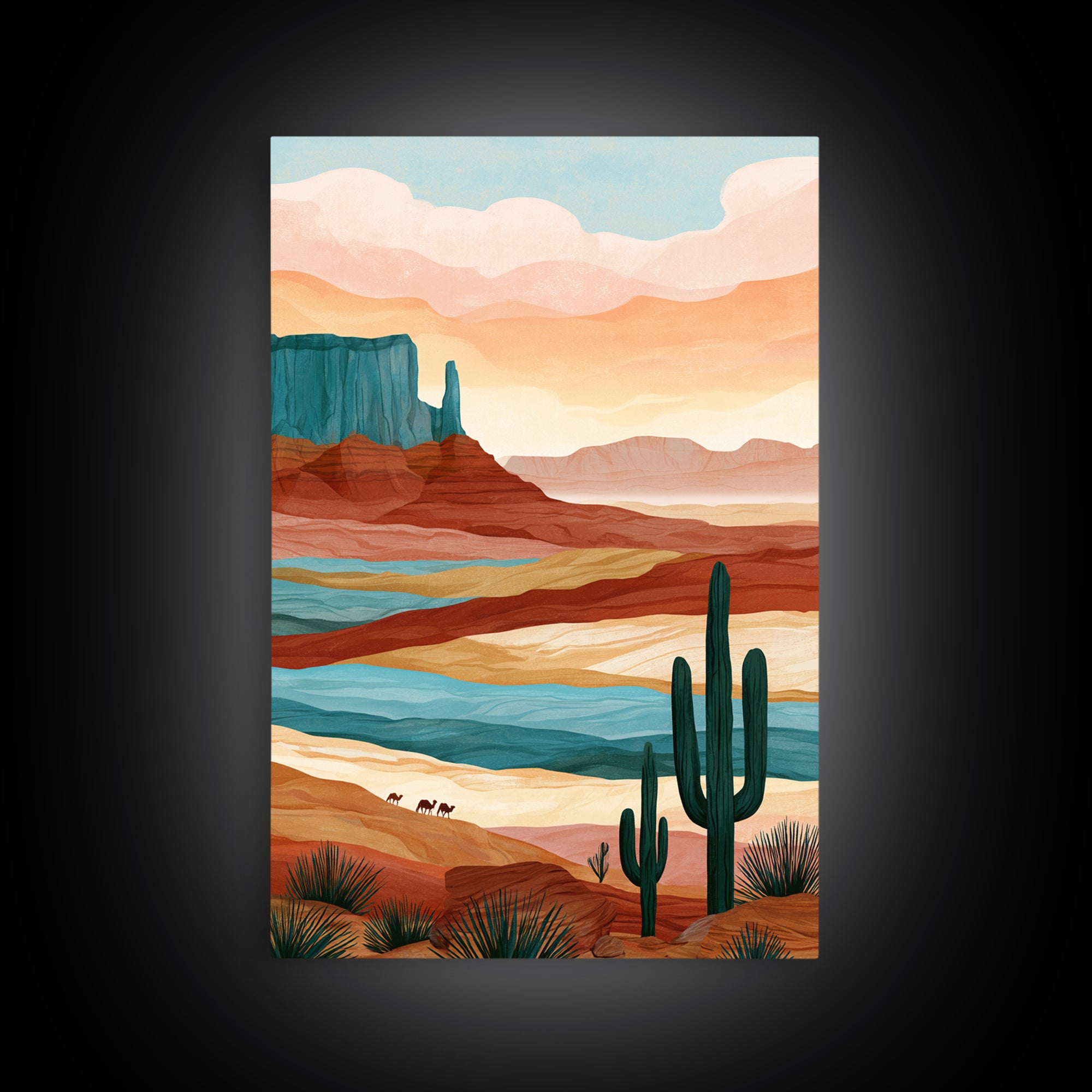 Saharan Dunes with Tiny Caravan Silhouettes Canvas Print, Desert Art, Boho Wall Art, Southwestern Decor, Watercolor Art, Desert, DES-2x3-58