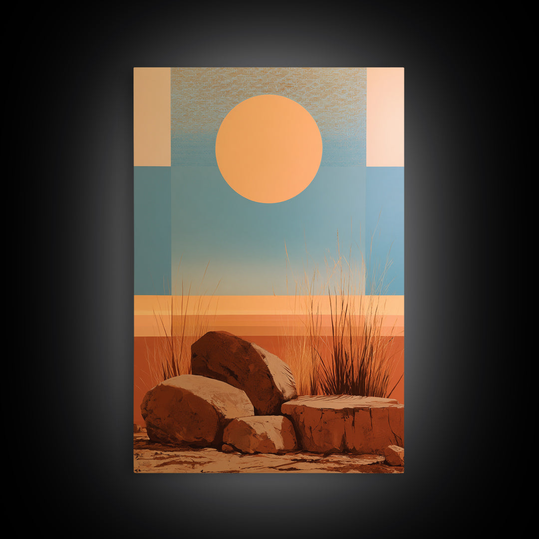 Minimal Beige Sun Framed Canvas Print, Desert Art, Digital Prints, Southwestern Decor, Oil Painting, Desert, Boho Wall Art, DES-2x3-6