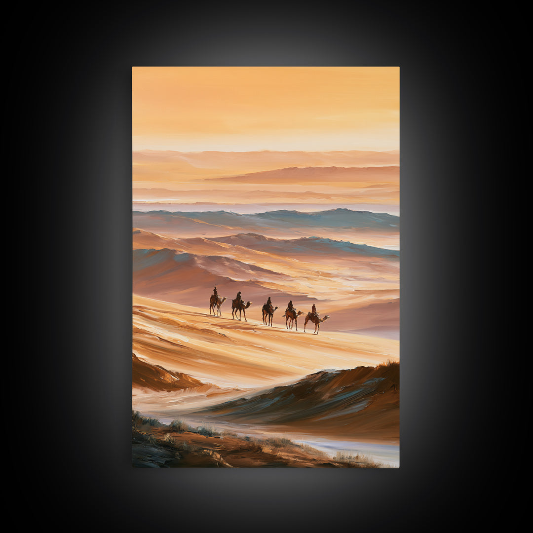 Camel Caravan Crossing Golden Dunes Framed Canvas Print, Desert Art, Botanical Art, Southwestern Decor, Watercolor Art, Desert, DES-2x3-63