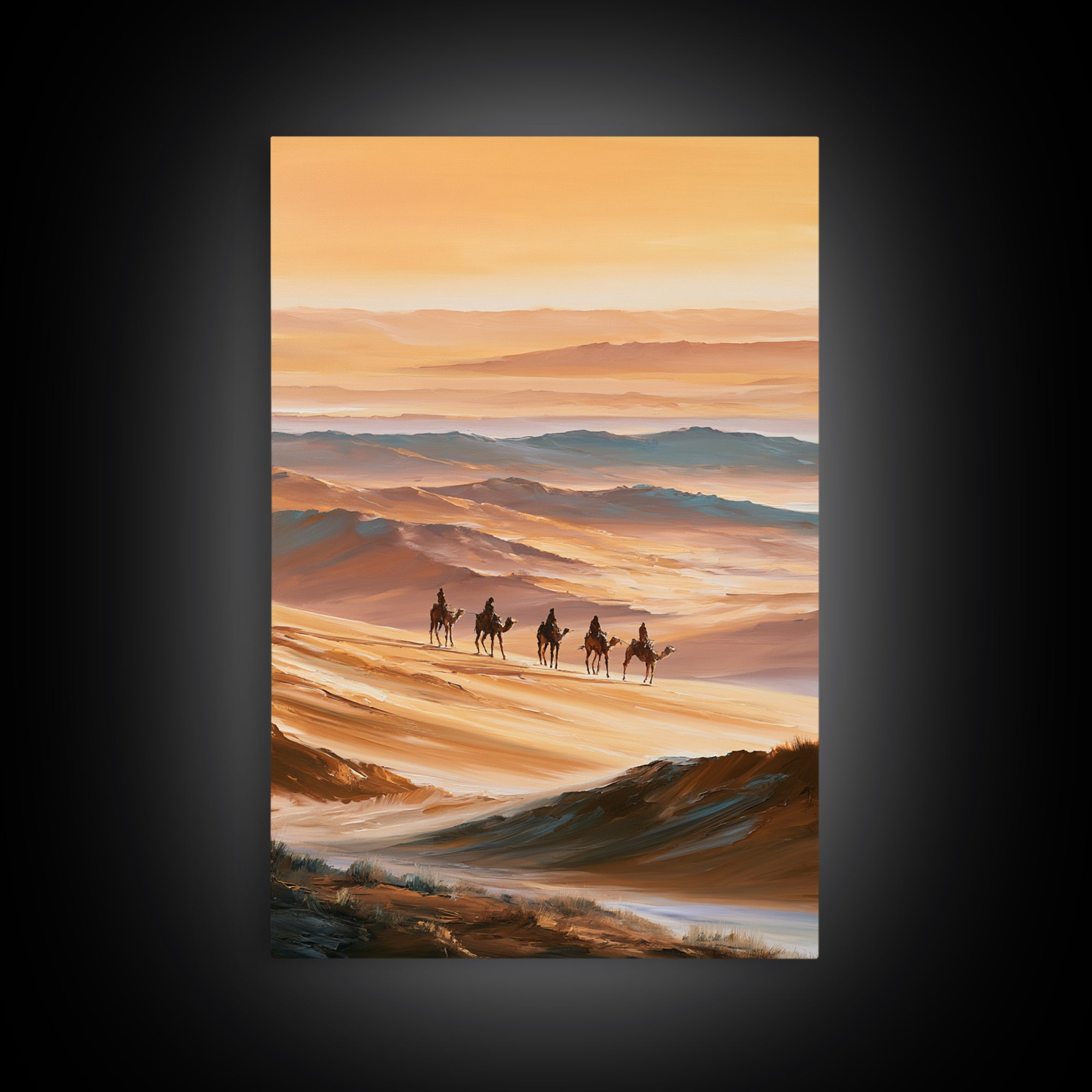 Camel Caravan Crossing Golden Dunes Framed Canvas Print, Desert Art, Botanical Art, Southwestern Decor, Watercolor Art, Desert, DES-2x3-63