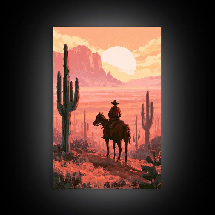 Dusty Horseback Rider at Sunset Canvas Print, Desert Art, Wall Decor, Southwestern Decor, Fine Art, Desert, Living Room Decor, DES-2x3-7