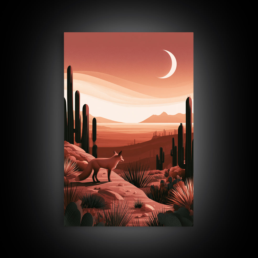 Desert Fox Beneath a Crescent Moon Framed Canvas Print, Desert Art, Botanical Art, Southwestern Decor, Fine Art, Desert, DES-2x3-73