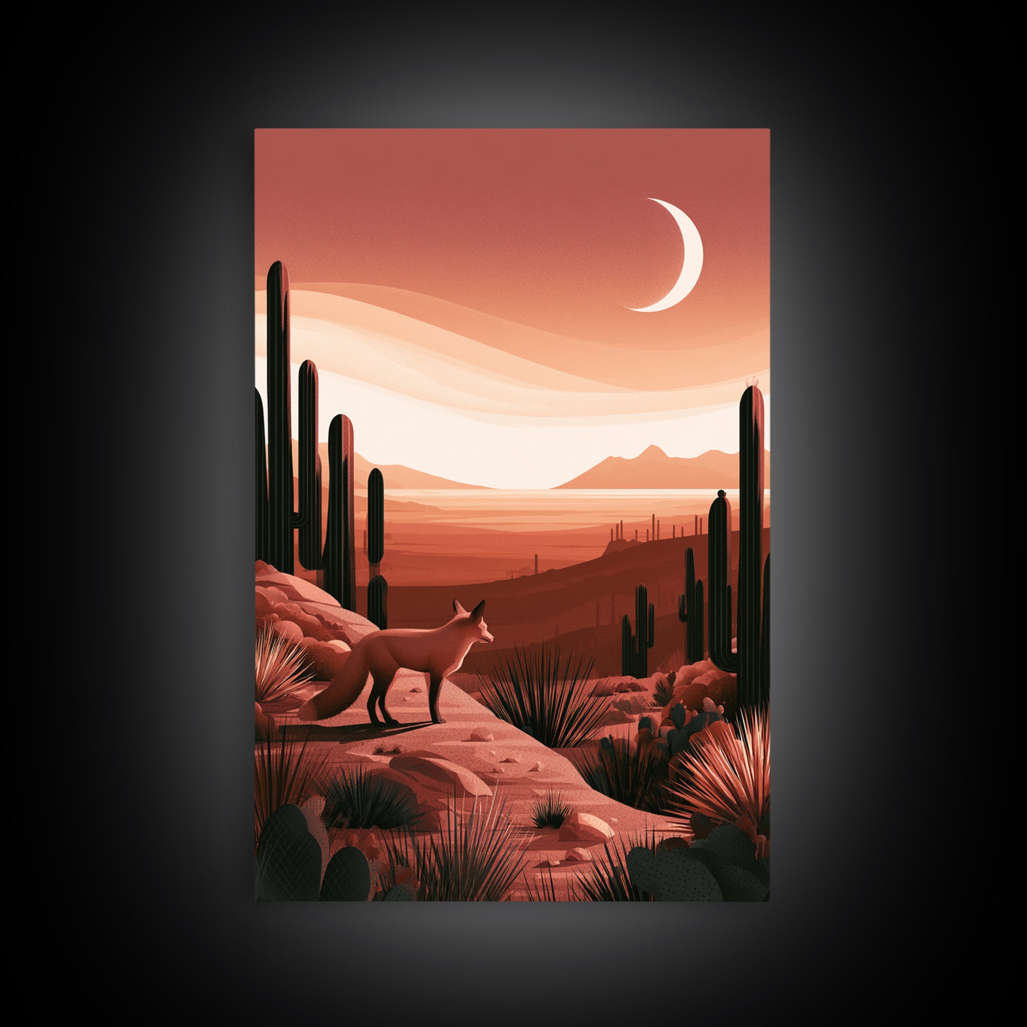 Desert Fox Beneath a Crescent Moon Framed Canvas Print, Desert Art, Botanical Art, Southwestern Decor, Fine Art, Desert, DES-2x3-73