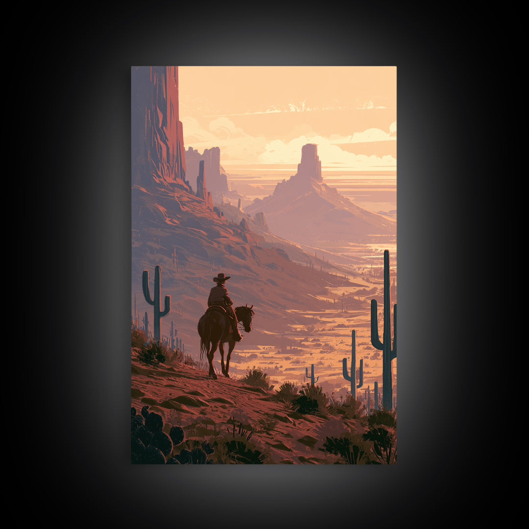 Dusty Horseback Rider at Sunset Canvas Print, Desert Art, Landscape Art, Southwestern Decor, Fine Art, Desert, Art Print, DES-2x3-79