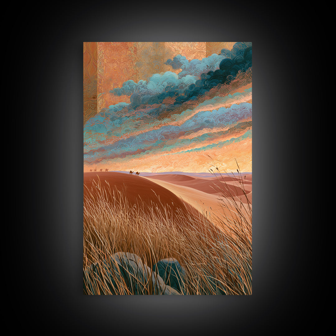 Saharan Dunes with Tiny Caravan Silhouettes Canvas Print, Desert Art, Boho Wall Art, Southwestern Decor, Watercolor Art, Desert, DES-2x3-82