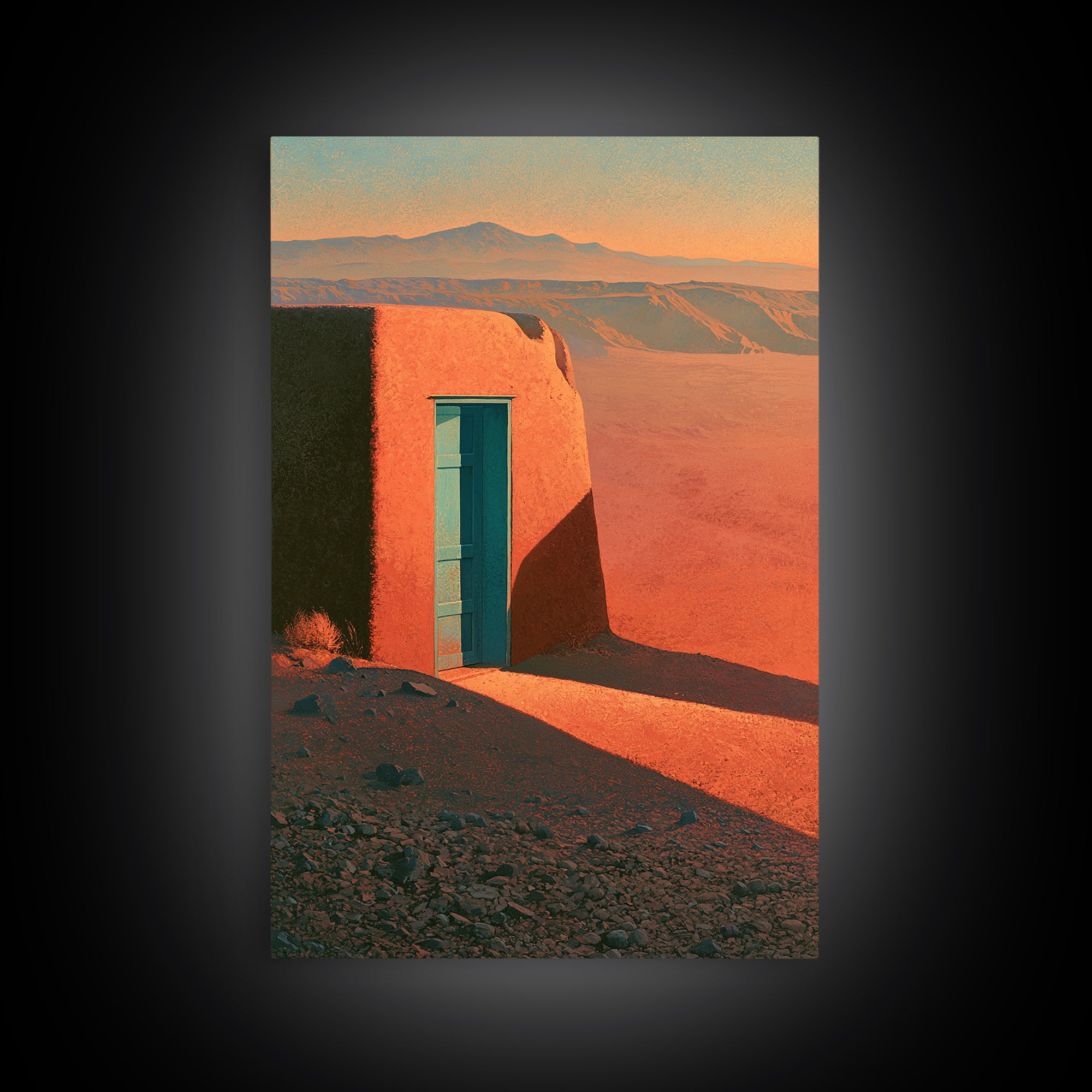 Adobe Doorway with Turquoise Shadow Framed Canvas Print, Desert Art, Nature Wall Art, Southwestern Decor, Oil Painting, Desert, DES-2x3-85