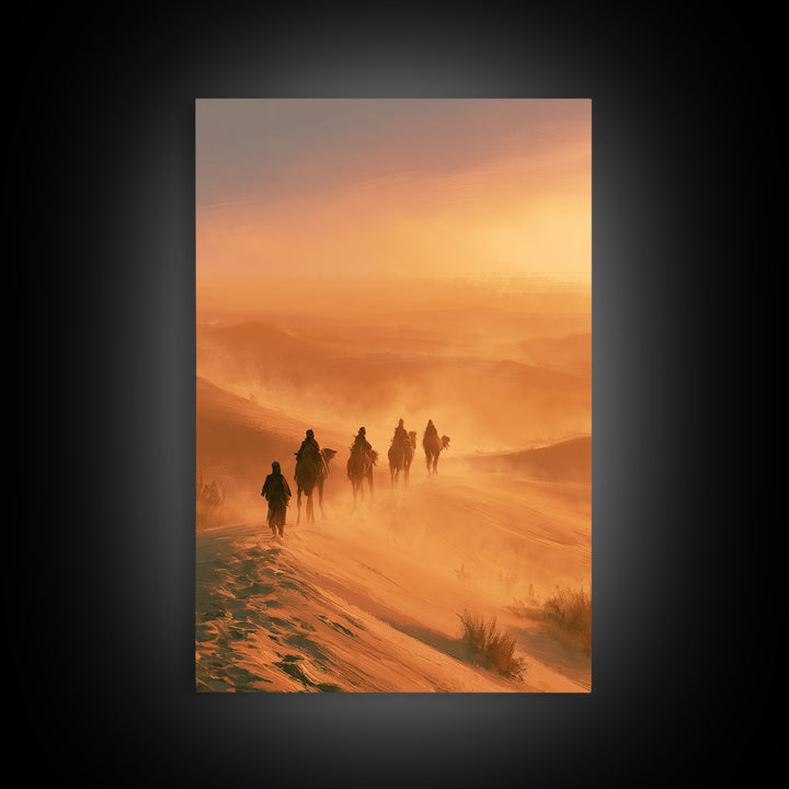 Camel Caravan Crossing Golden Dunes Framed Canvas Print, Desert Art, Southwestern Decor, Oil Painting, Desert, DES-2x3-87