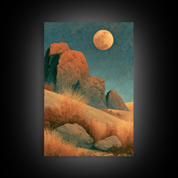 Desert Moon over Rolling Sand Framed Canvas Print, Desert Art, Modern Wall Art, Southwestern Decor, Oil Painting, Desert, DES-2x3-90