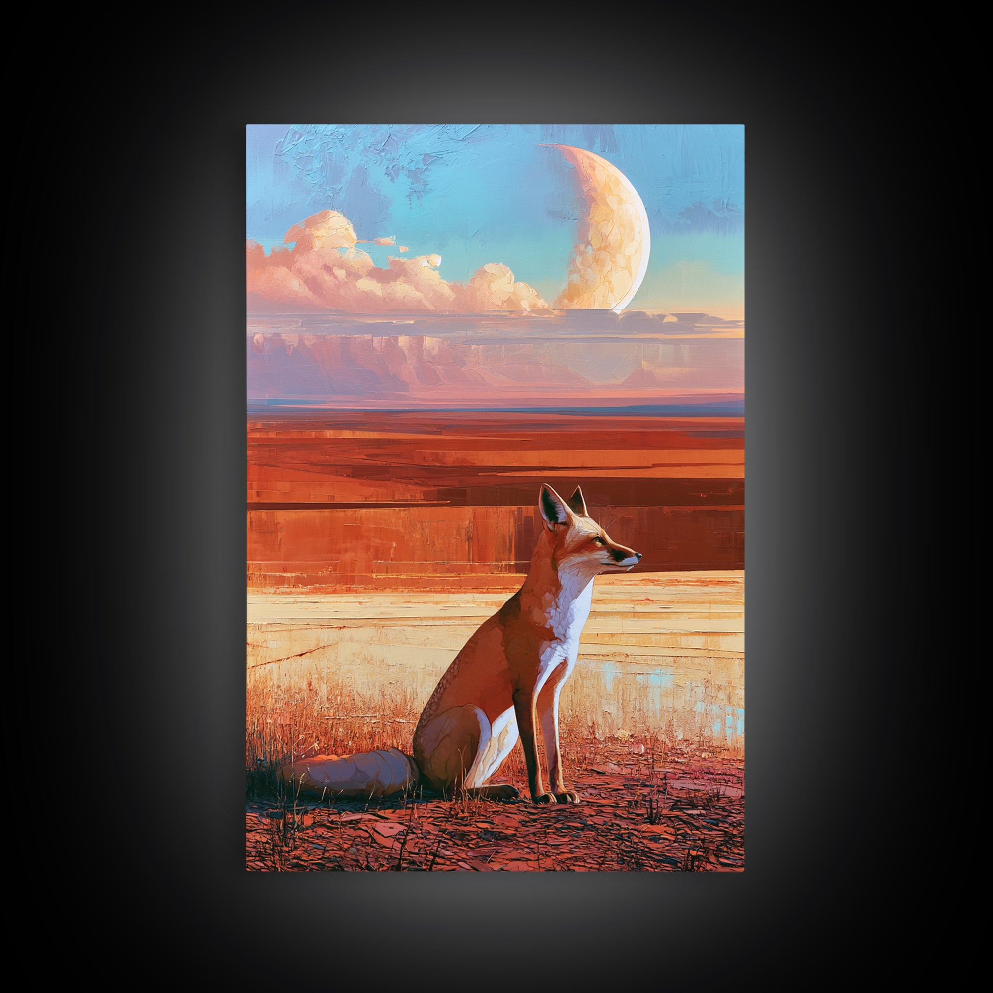 Desert Fox Beneath a Crescent Moon Framed Canvas Print, Desert Art, Botanical Art, Southwestern Decor, Fine Art, Desert, DES-2x3-97