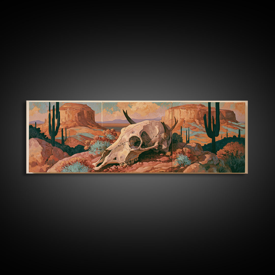 Sun Bleached Skull and Desert Flowers Canvas Print, Desert Art, Printable Wall Art, Southwestern Decor, Fine Art, Desert, DES-3x1-100