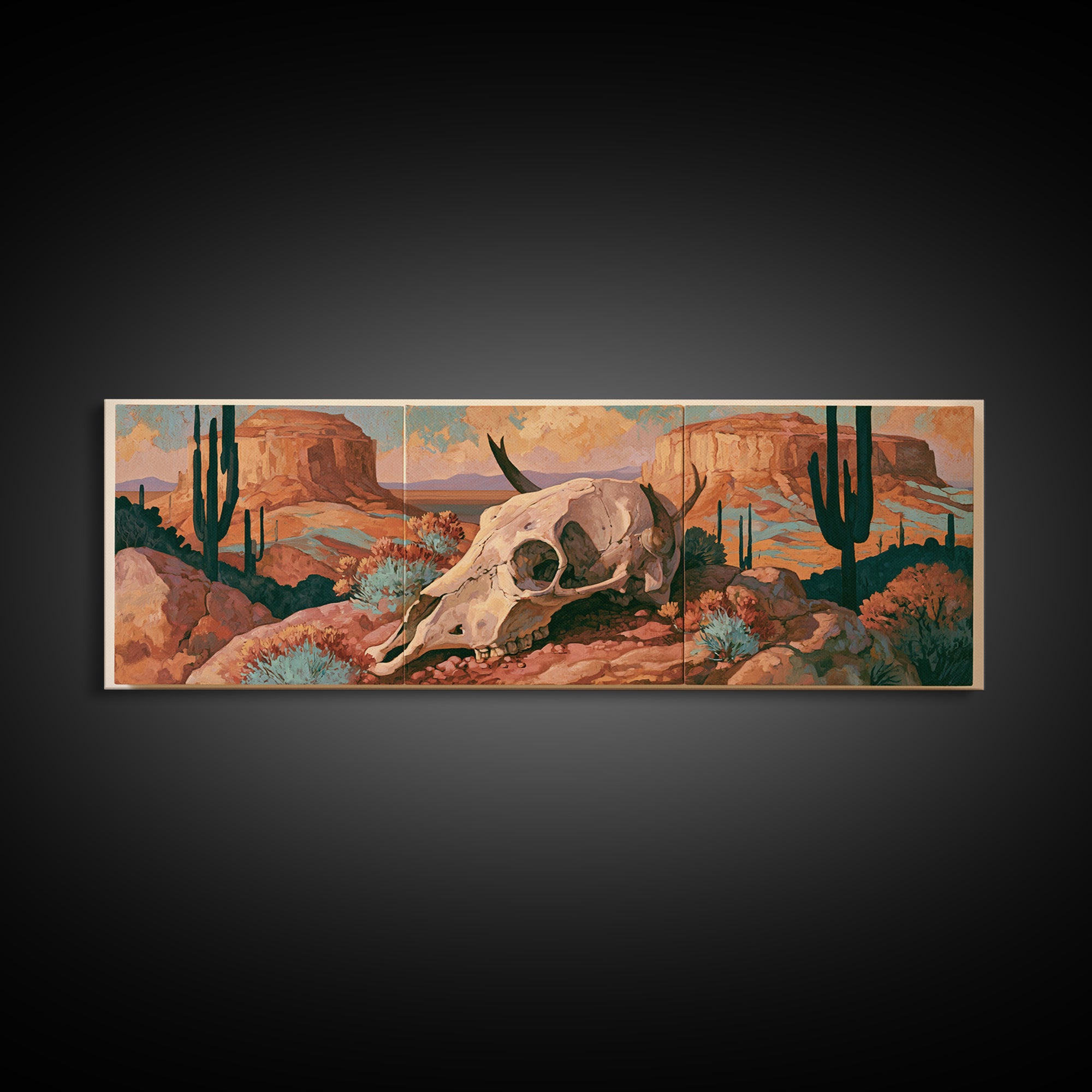 Sun Bleached Skull and Desert Flowers Canvas Print, Desert Art, Printable Wall Art, Southwestern Decor, Fine Art, Desert, DES-3x1-100