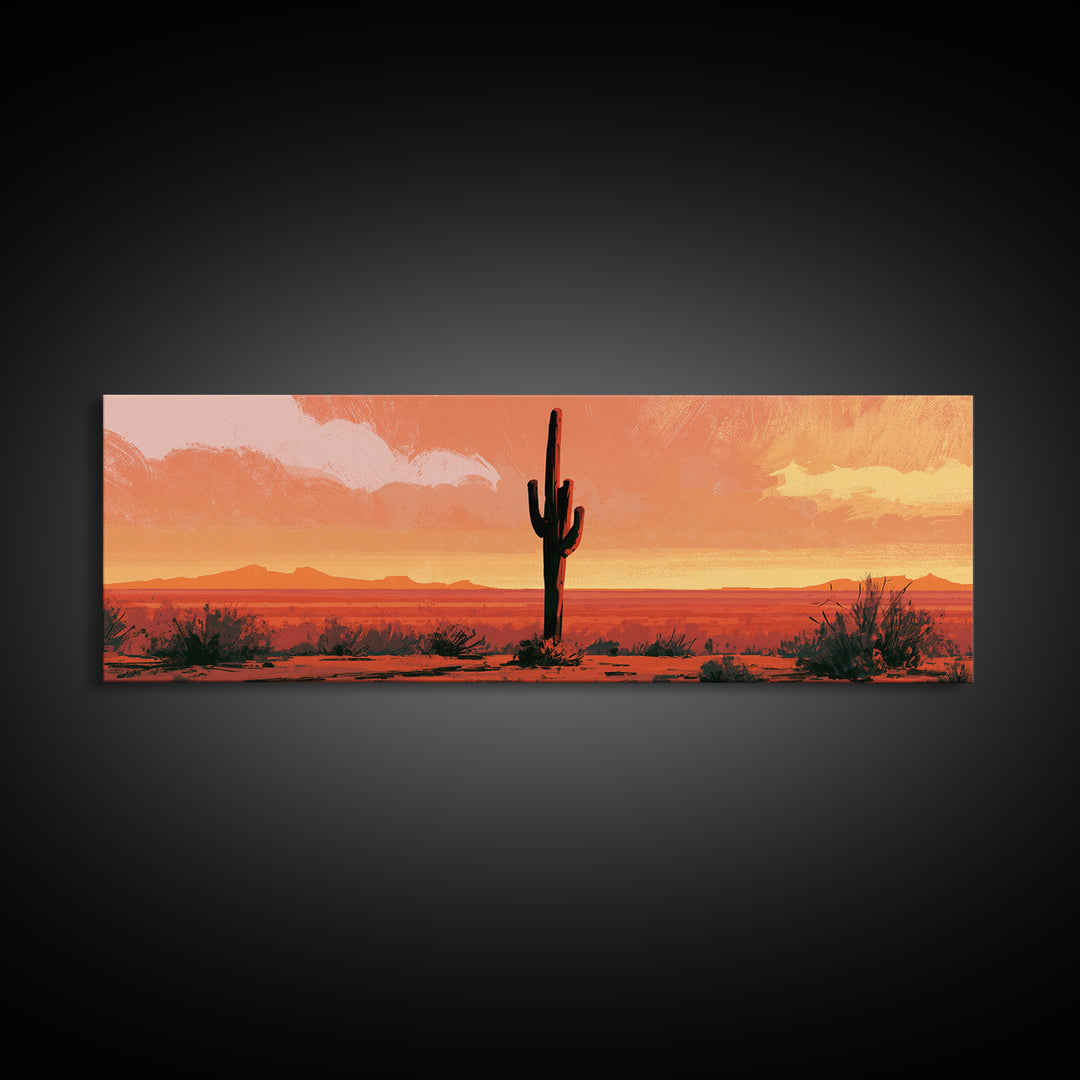 Saguaro Cactus under Orange Sunset Sky Framed Canvas Print, Desert Art, Gallery Decor, Southwestern Decor, Fine Art, Desert, DES-3x1-17