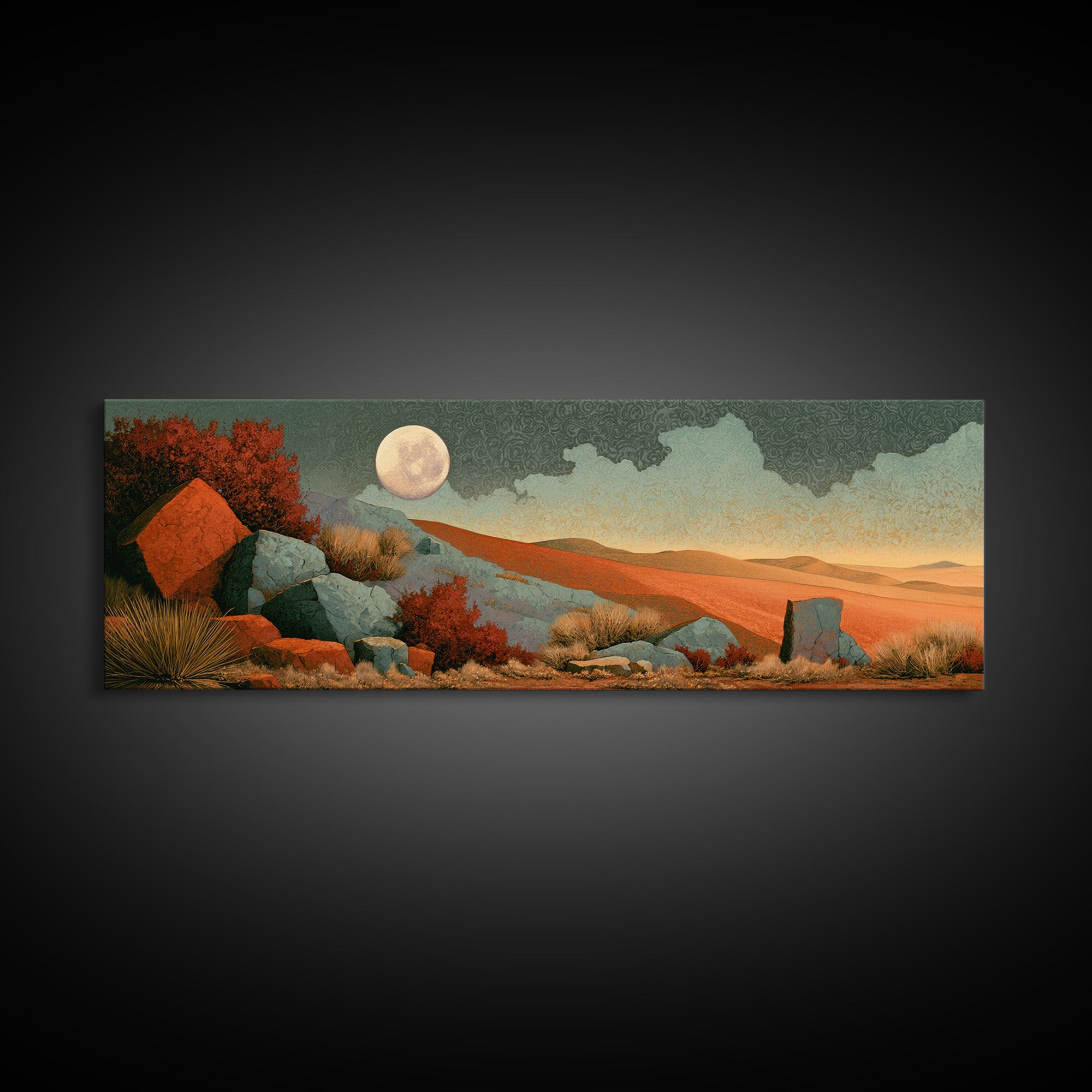 Desert Moon over Rolling Sand Framed Canvas Print, Desert Art, Living Room Decor, Southwestern Decor, Fine Art, Desert, DES-3x1-2