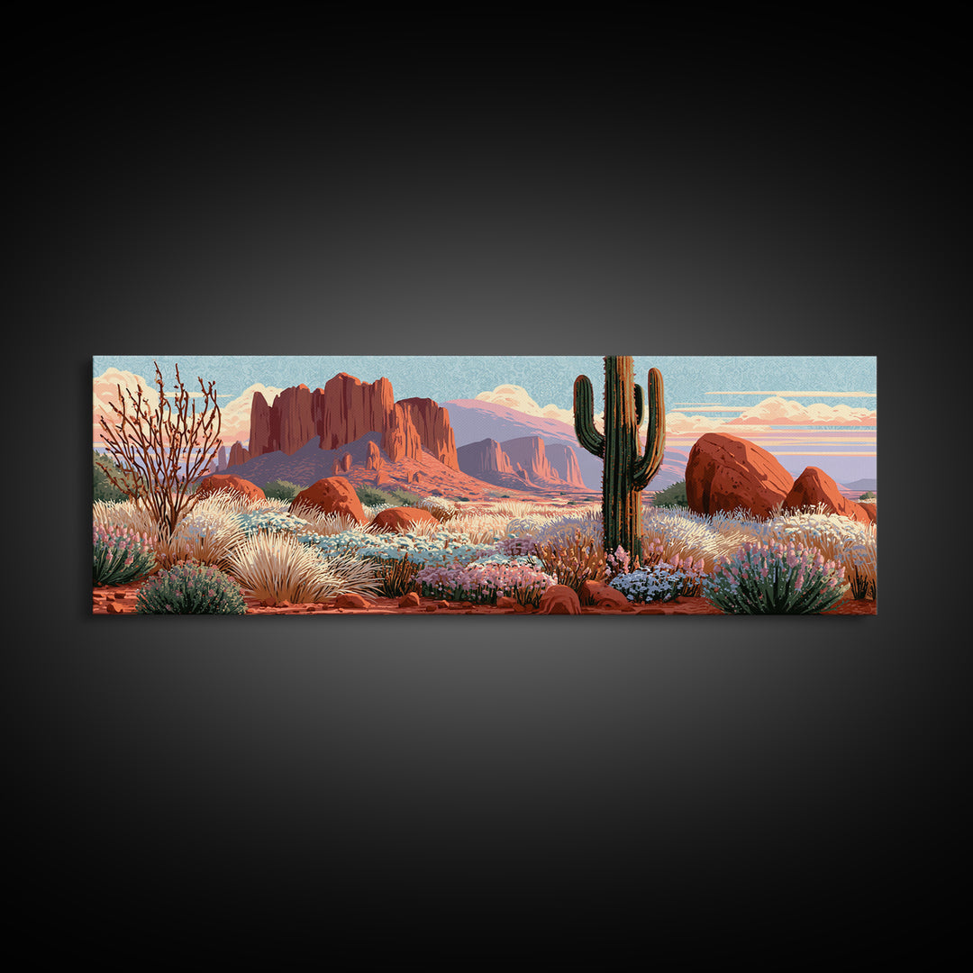 Desert Wildflowers After Spring Rain Canvas Print, Desert Art, Digital Download Art, Southwestern Decor, Oil Painting, Desert, DES-3x1-20