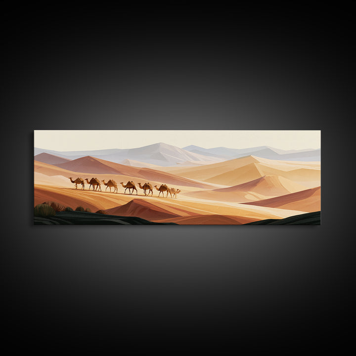 Camel Caravan Crossing Golden Dunes Framed Canvas Print, Desert Art, Contemporary Art, Southwestern Decor, Fine Art, Desert, DES-3x1-23