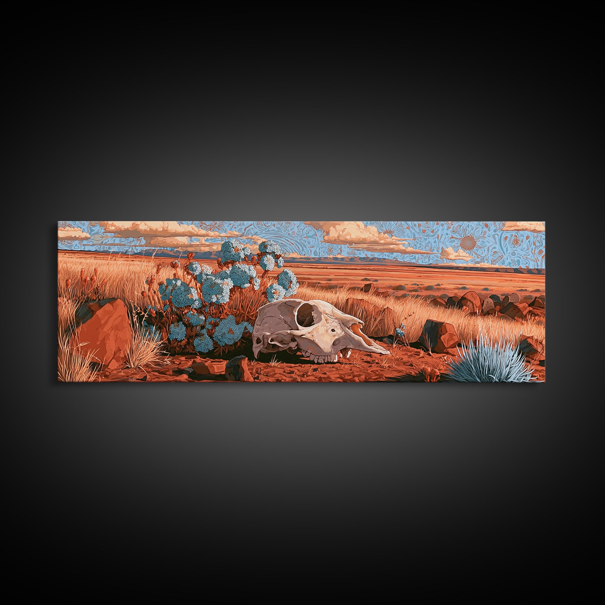 Sun Bleached Skull and Desert Flowers Framed Canvas Print, Desert Art, Nature Wall Art, Southwestern Decor, Watercolor Art, DES-3x1-28