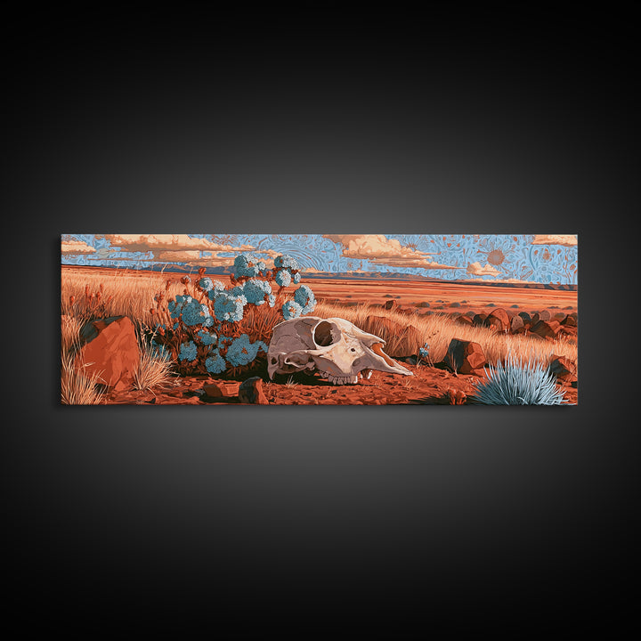 Sun Bleached Skull and Desert Flowers Framed Canvas Print, Desert Art, Nature Wall Art, Southwestern Decor, Watercolor Art, DES-3x1-28