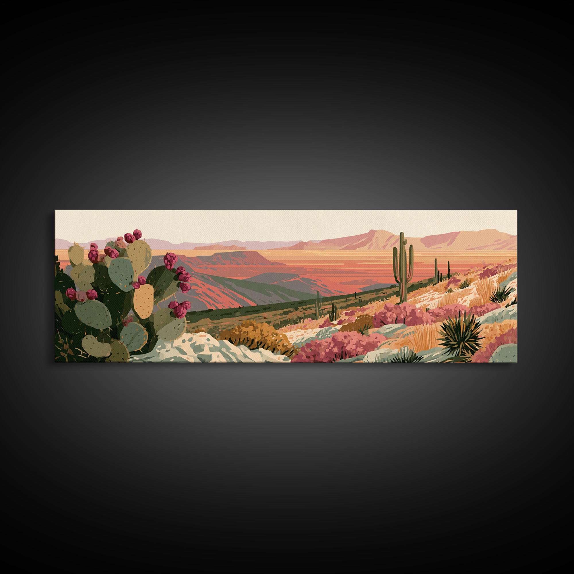 Prickly Pear Cactus Canvas Print, Desert Art, Wall Decor, Southwestern Decor, Oil Painting, Desert, Living Room Decor, DES-3x1-35