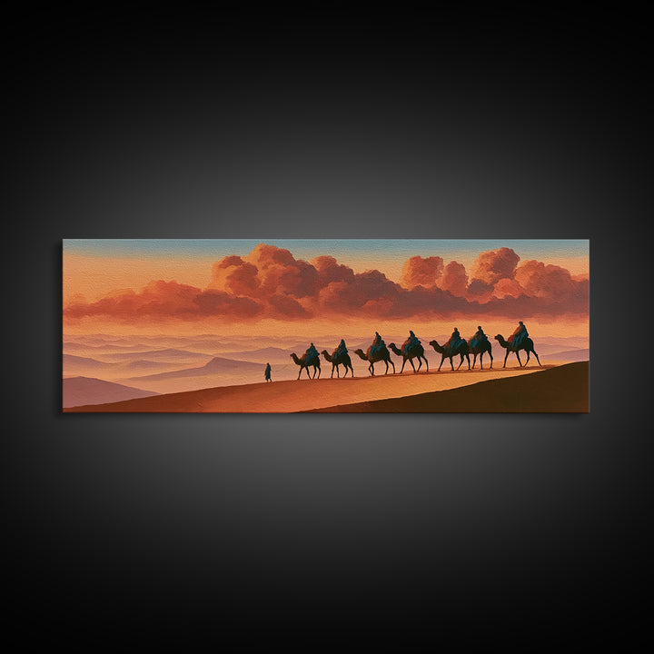 Camel Caravan Crossing Golden Dunes Framed Canvas Print, Desert Art, Boho, Southwestern Decor, Desert, Mountain Wall Art, DES-3x1-47