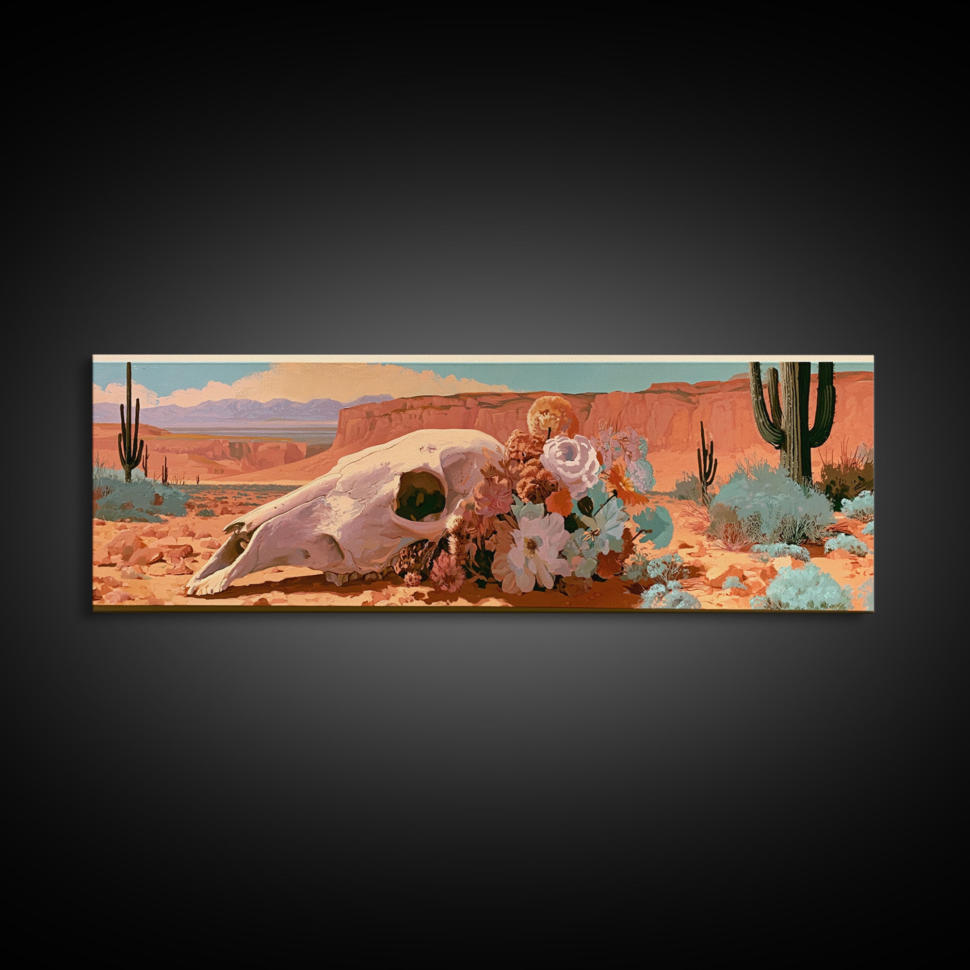 Sun Bleached Skull and Desert Flowers Framed Canvas Print, Desert Art, Contemporary Art, Southwestern Decor, Fine Art, Desert, DES-3x1-52
