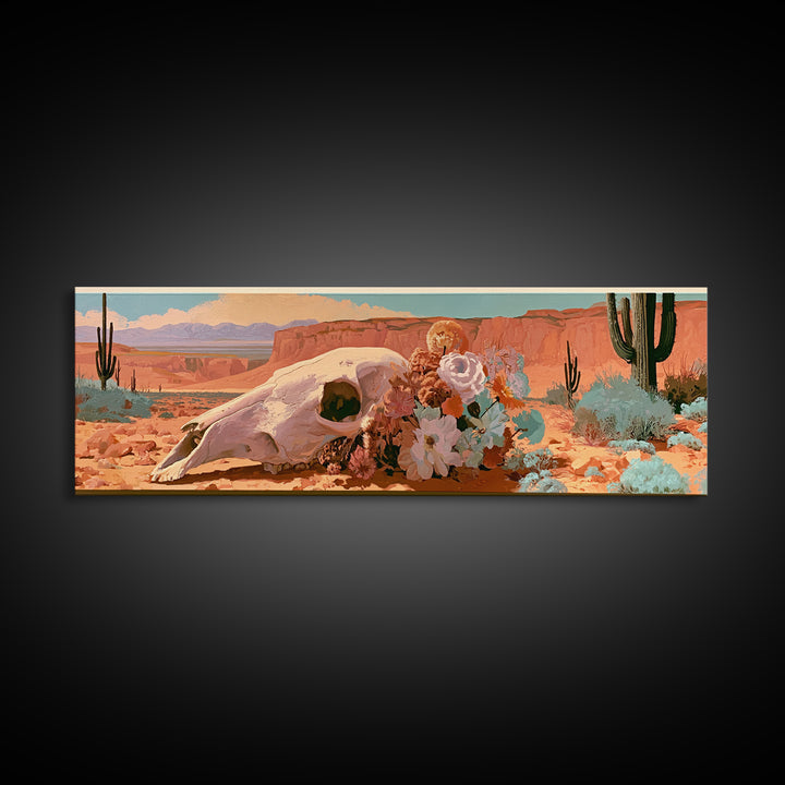 Sun Bleached Skull and Desert Flowers Framed Canvas Print, Desert Art, Contemporary Art, Southwestern Decor, Fine Art, Desert, DES-3x1-52