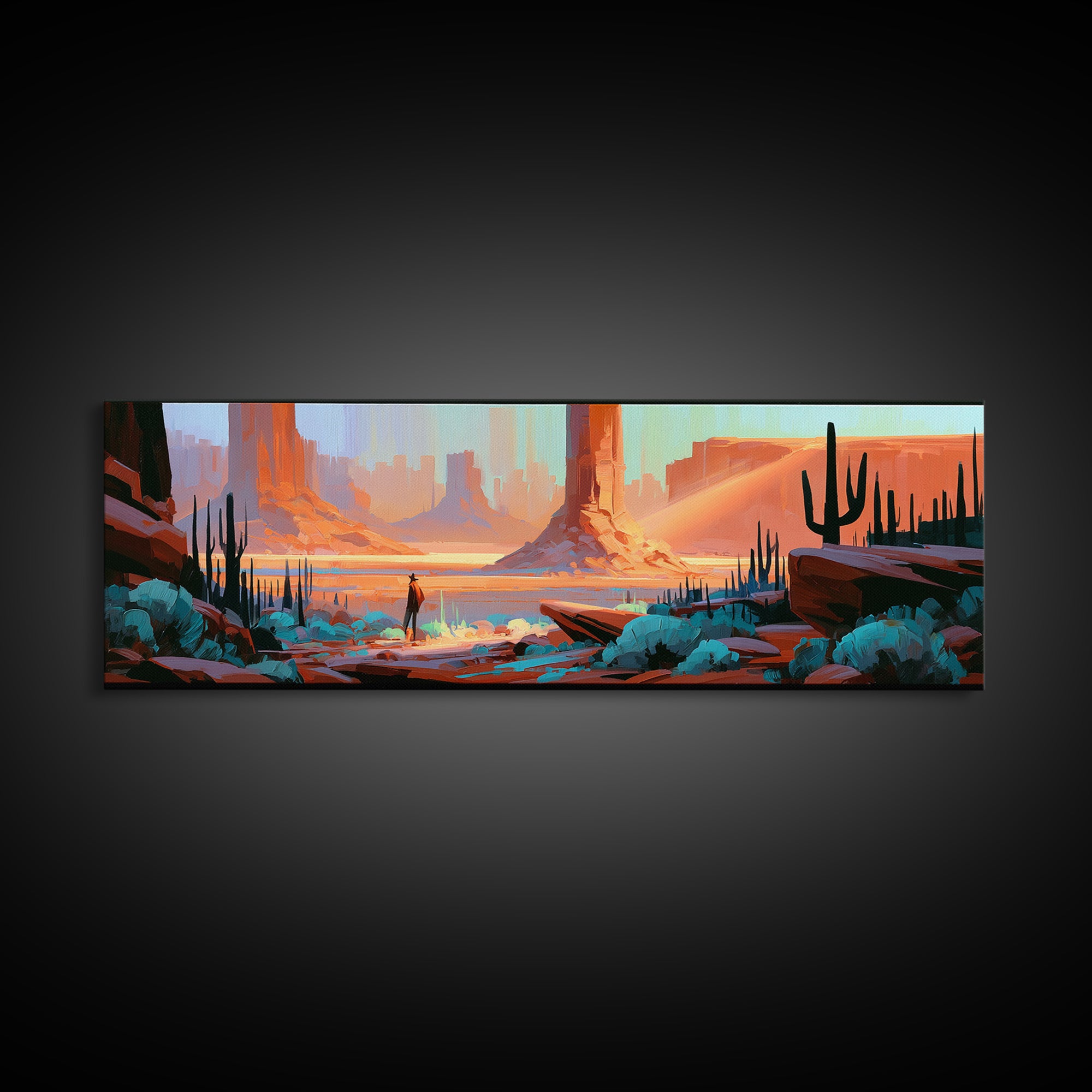 Sandstone Canyon with Dramatic Light Beam Framed Canvas Print, Desert Art, Wall Art, Southwestern Decor, Oil Painting, Desert, DES-3x1-56