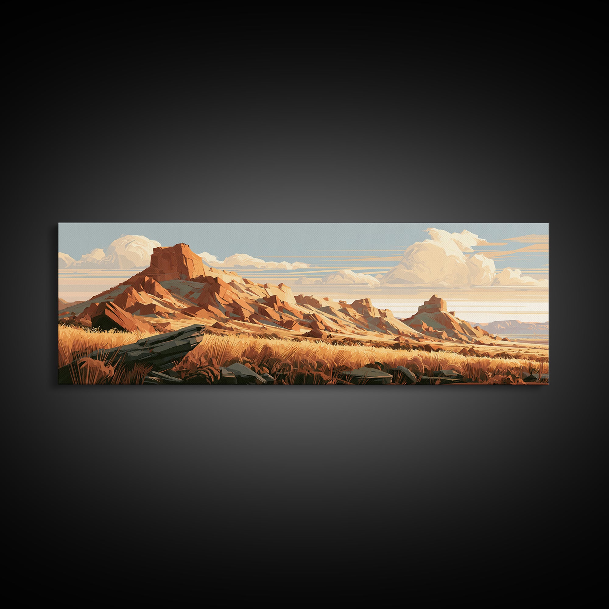 Terracotta and Cream Geometric Landscape Framed Canvas Print, Desert Art, Western Wall Art, Southwestern Decor, Oil Painting, DES-3x1-58