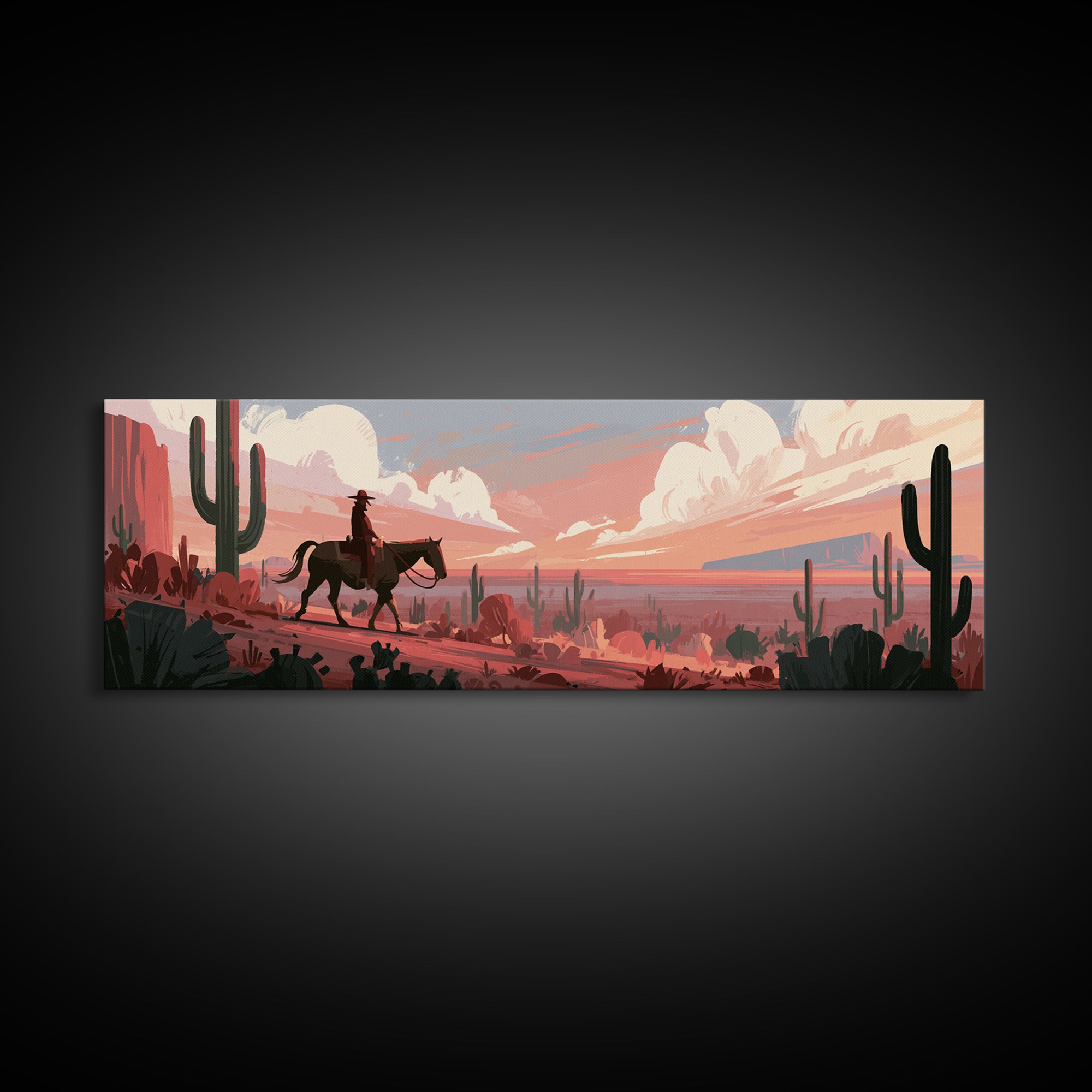 Dusty Horseback Rider at Sunset Framed Canvas Print, Desert Art, Room Decor, Southwestern Decor, Desert, Abstract Wall Art, DES-3x1-63