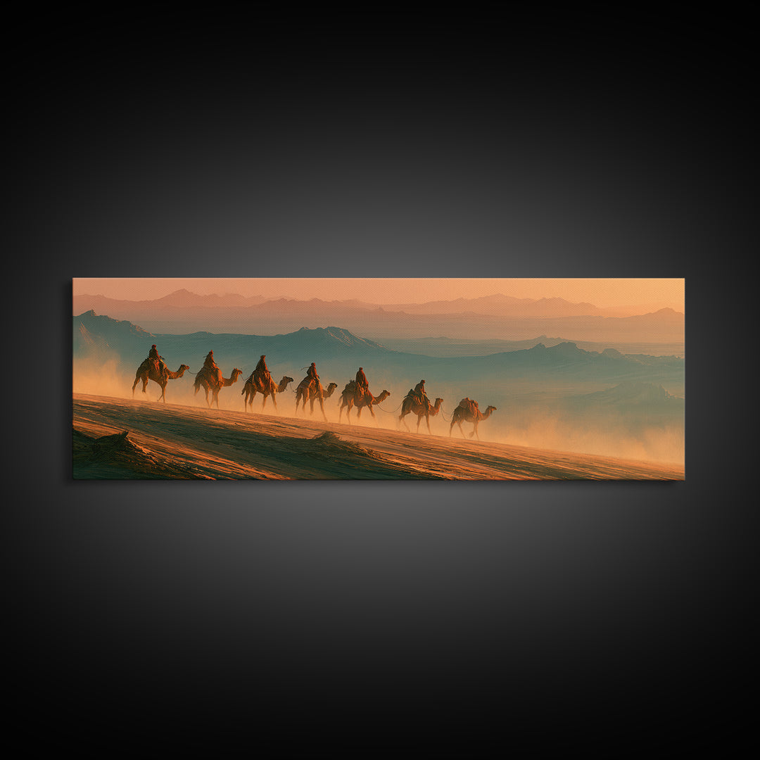 Camel Caravan Crossing Golden Dunes Canvas Print, Desert Art, Boho Wall Art, Southwestern Decor, Oil Painting, Desert, DES-3x1-71