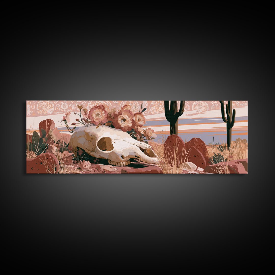 Sun Bleached Skull and Desert Flowers Canvas Print, Desert Art, Print, Southwestern Decor, Oil Painting, Desert, DES-3x1-76