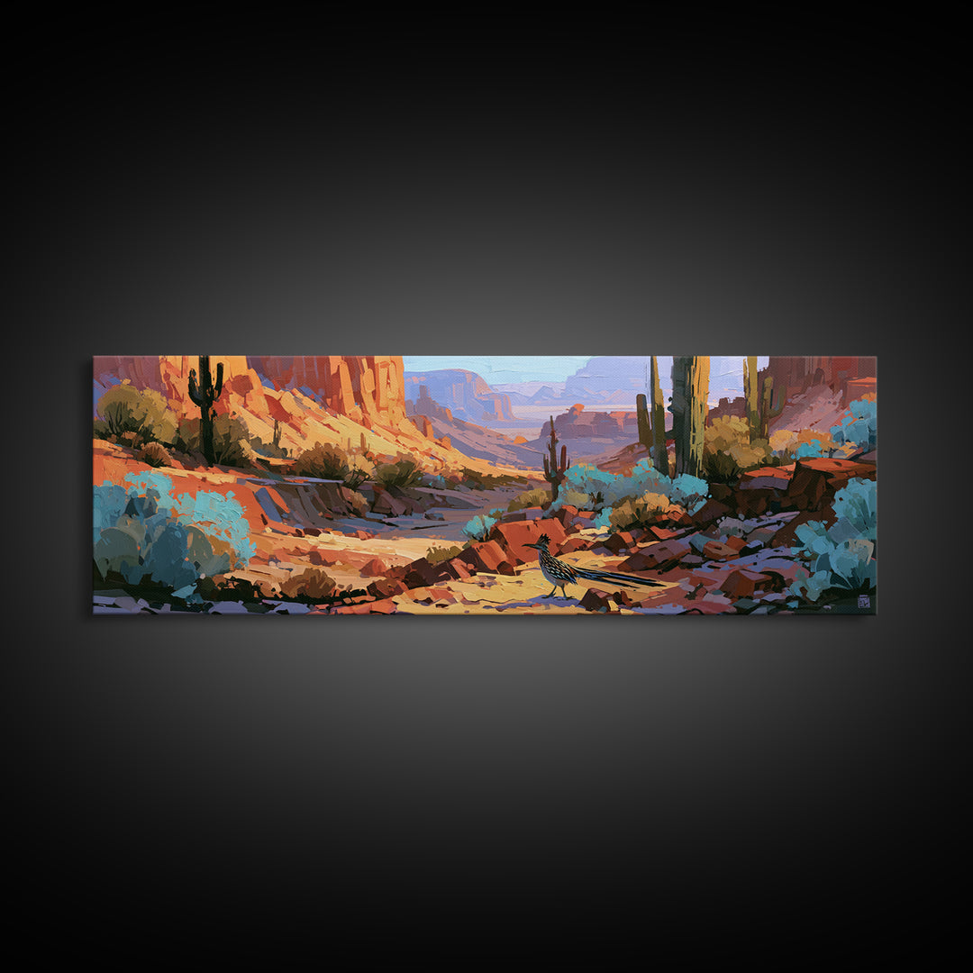 Roadrunner Bird in a Dry Wash Canvas Print, Desert Art, Printable Art, Southwestern Decor, Oil Painting, Desert, DES-3x1-78
