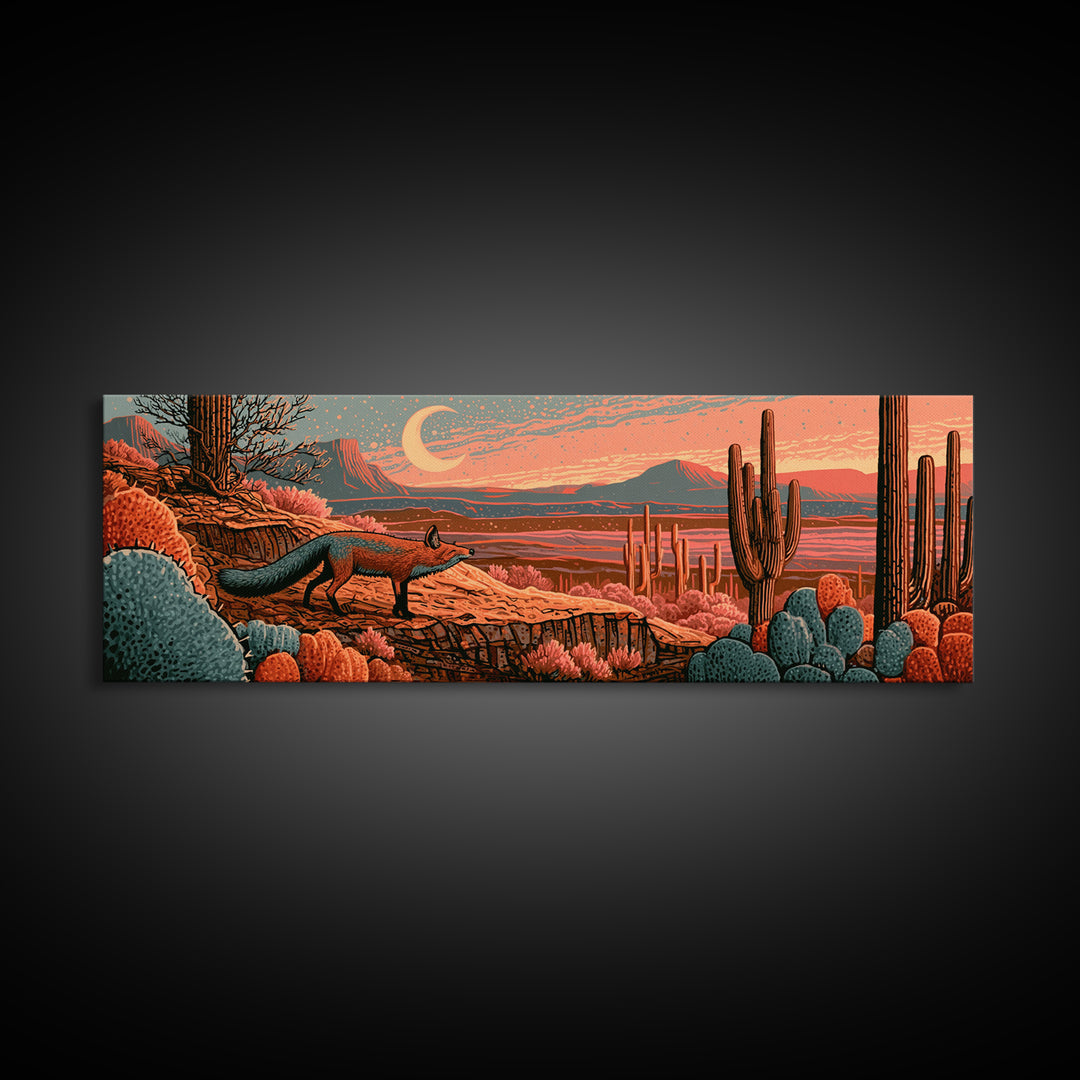 Desert Fox Beneath a Crescent Moon Framed Canvas Print, Desert Art, Mountain Wall Art, Southwestern Decor, Fine Art, Desert, DES-3x1-9