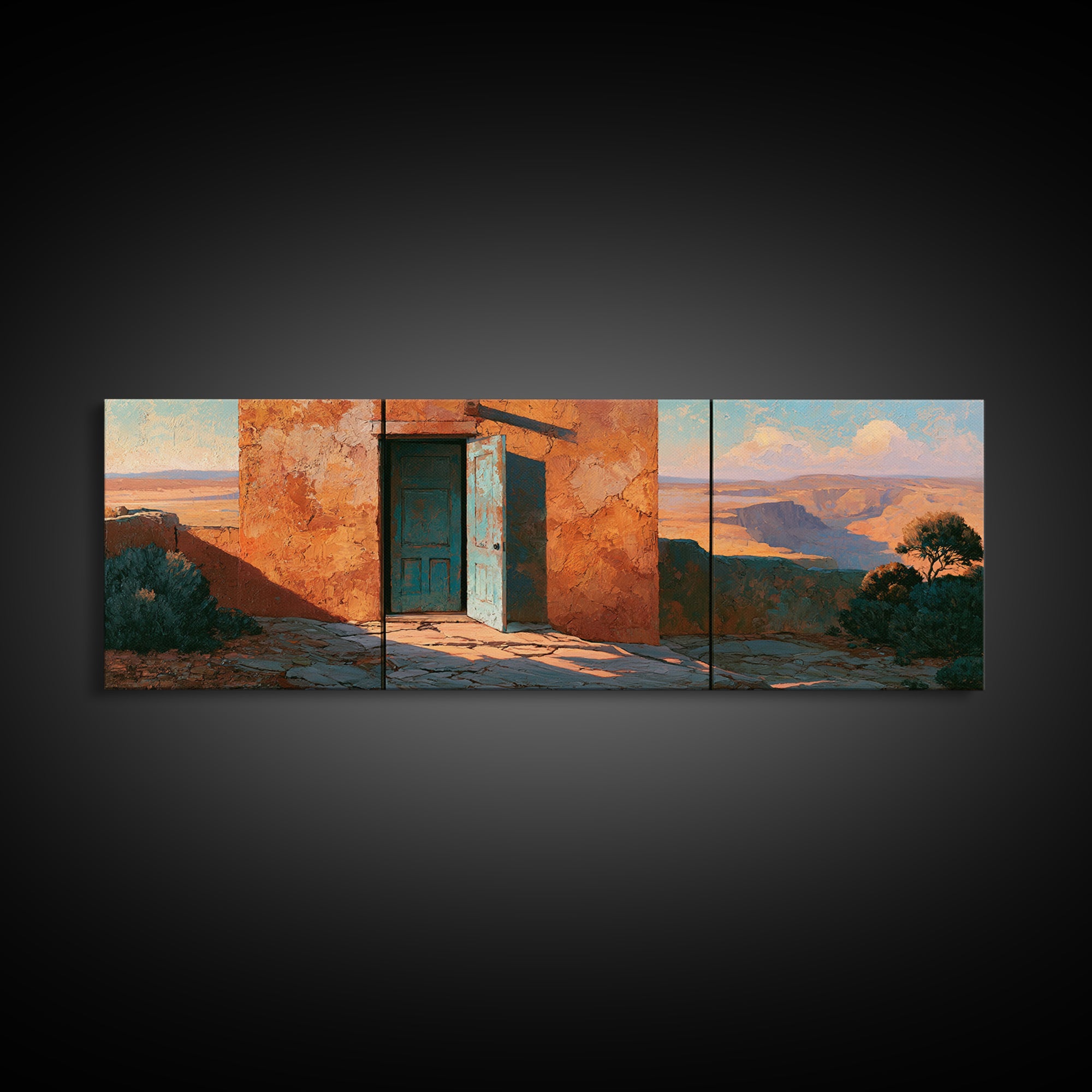 Adobe Doorway with Turquoise Shadow Canvas Print, Desert Art, Southwestern Decor, Oil Painting, Desert, Printable Art, DES-3x1-93