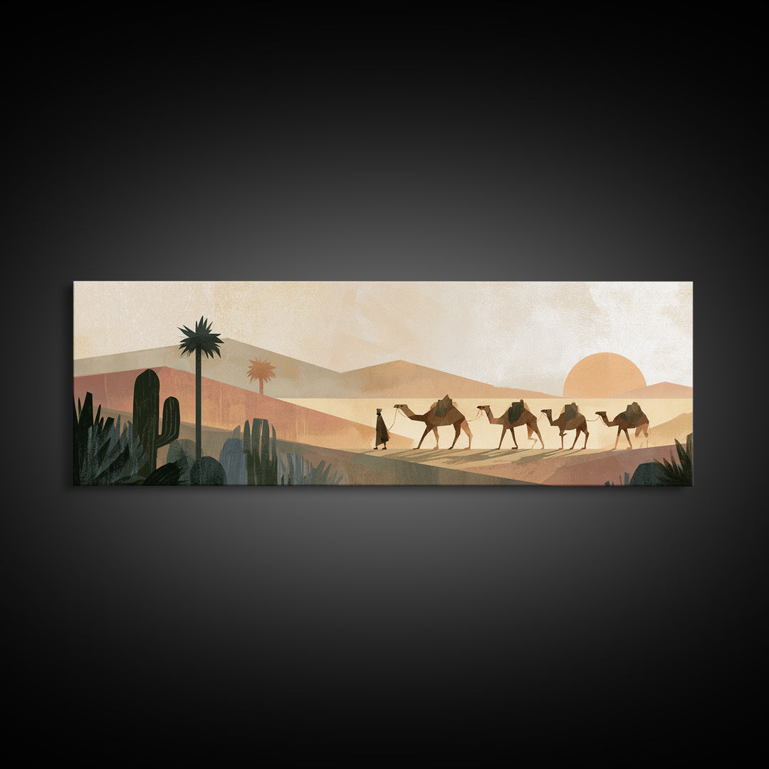 Camel Caravan Crossing Golden Dunes Canvas Print, Desert Art, Watercolor Painting, Southwestern Decor, Fine Art, Desert, DES-3x1-95