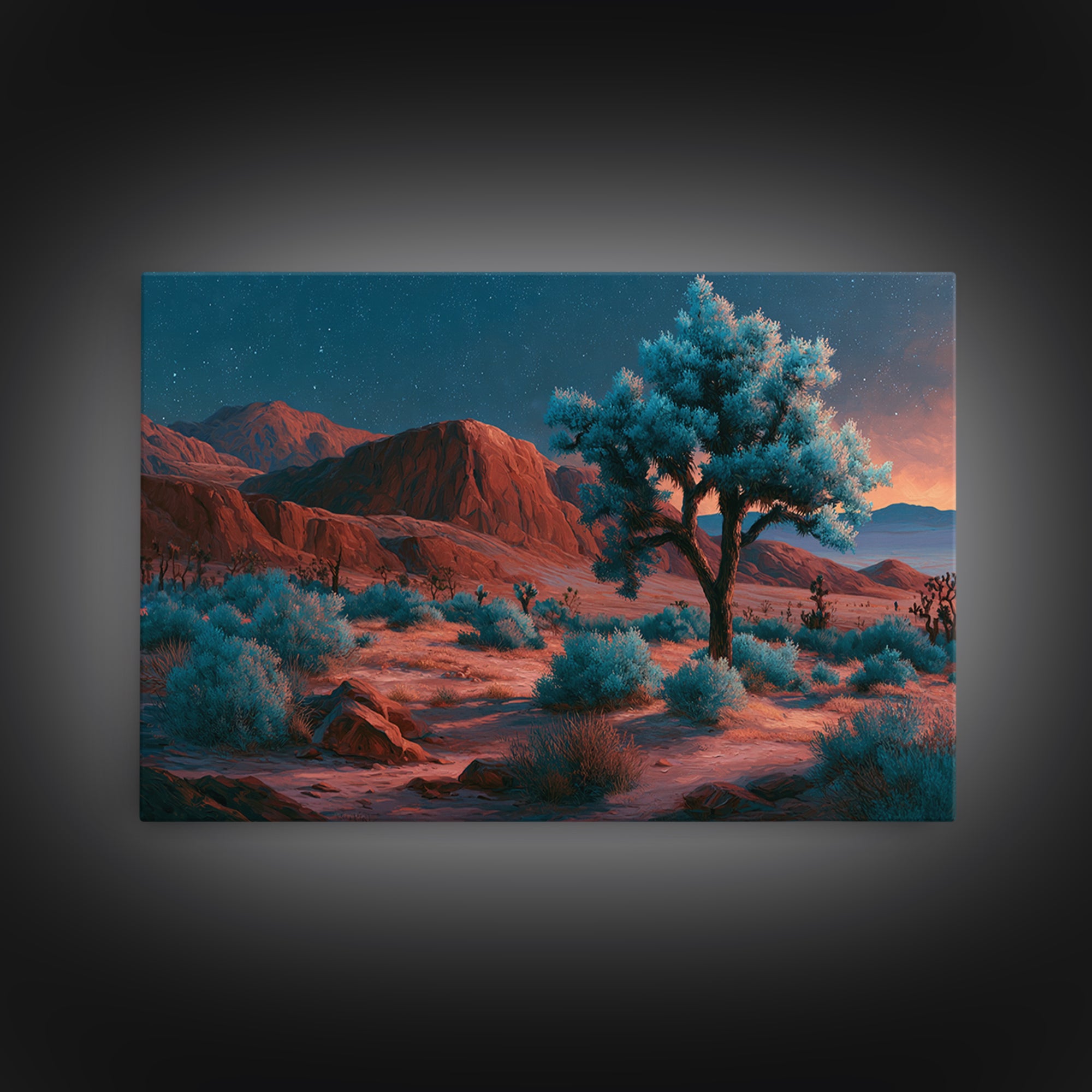 Joshua Tree under Star Filled Night Framed Canvas Print, Desert Art, Mountain Wall Art, Southwestern Decor, Oil Painting, DES-3x2-10