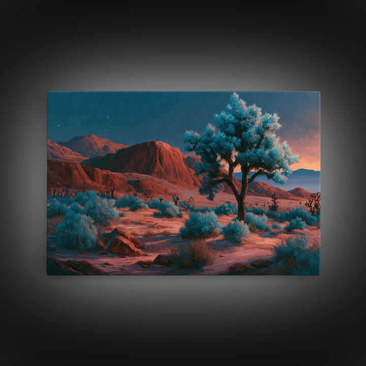 Joshua Tree under Star Filled Night Framed Canvas Print, Desert Art, Mountain Wall Art, Southwestern Decor, Oil Painting, DES-3x2-10