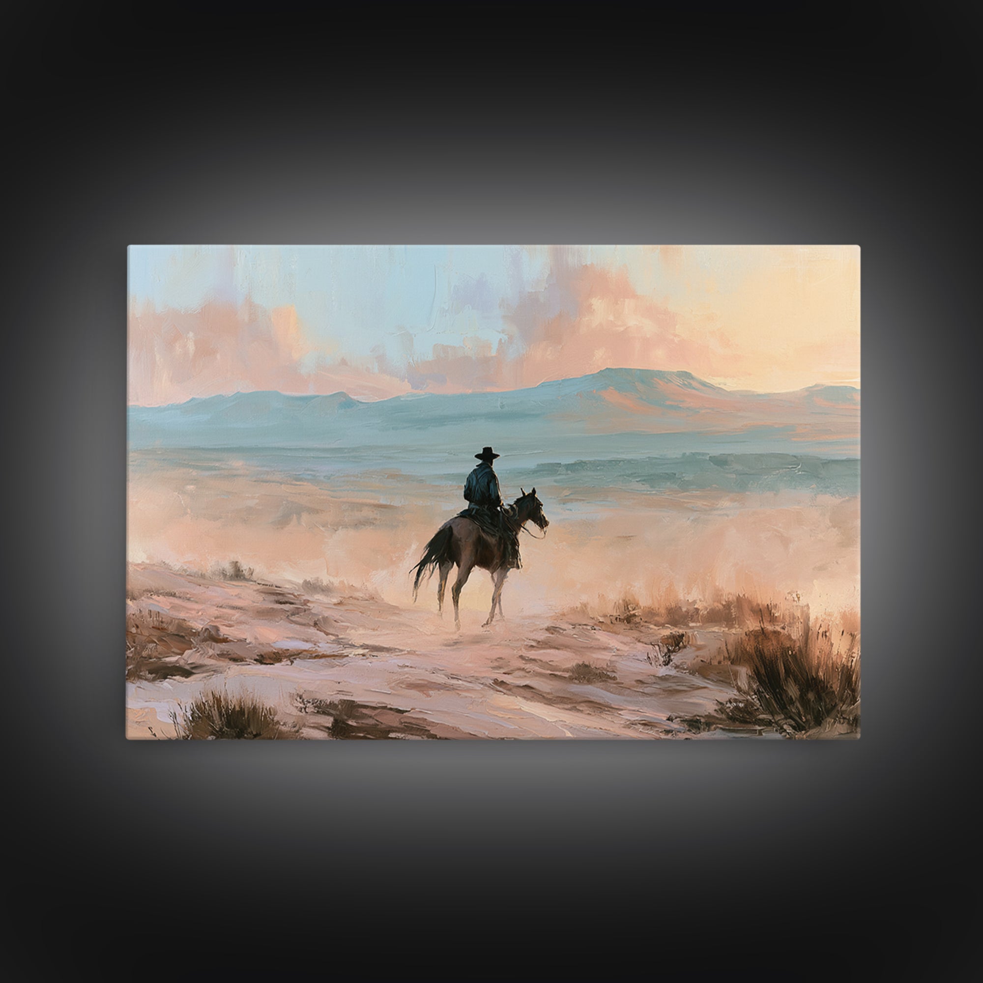Dusty Horseback Rider at Sunset Framed Canvas Print, Desert Art, Wall Art, Southwestern Decor, Desert, Apartment Decor, DES-3x2-27
