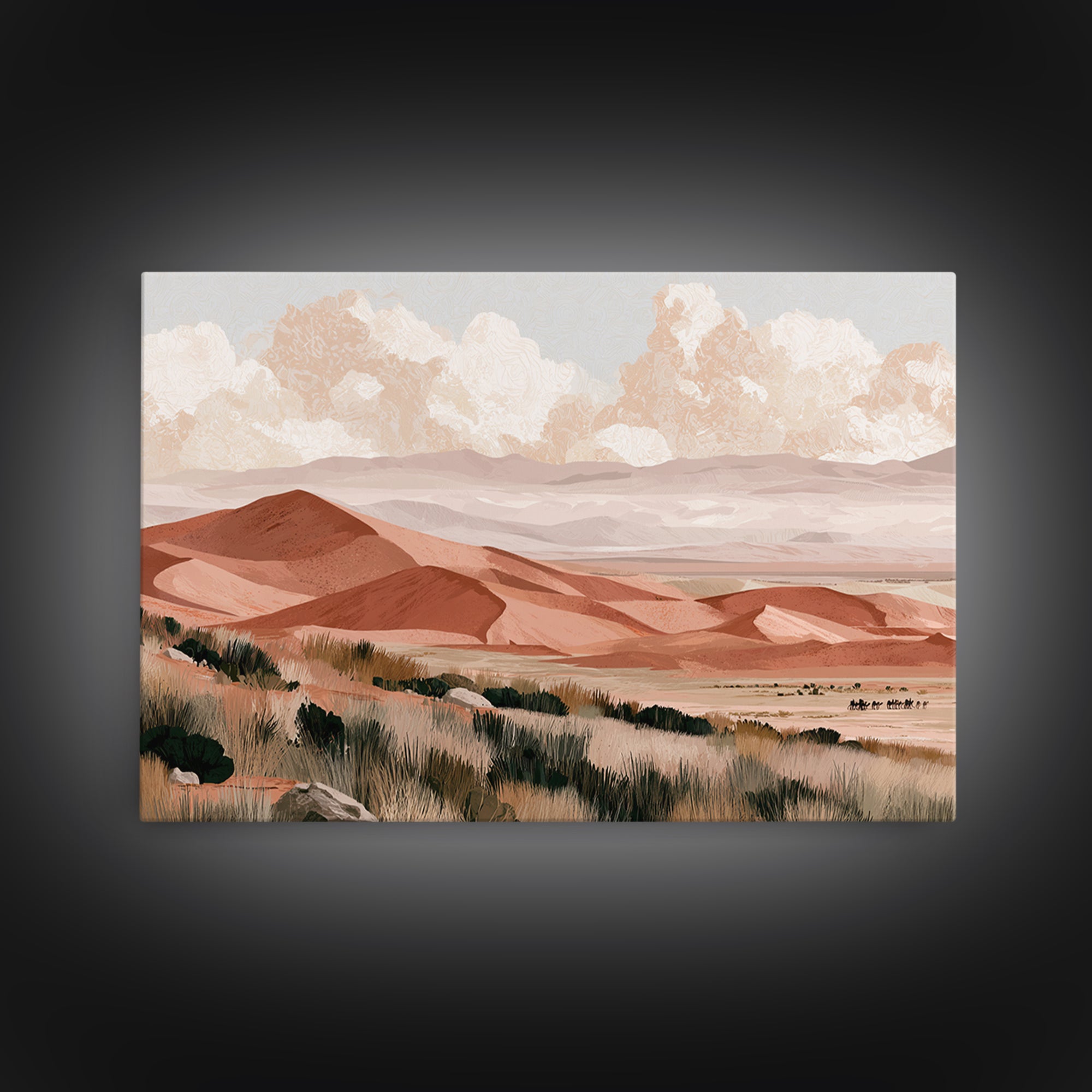 Saharan Dunes with Tiny Caravan Silhouettes Canvas Print, Desert Art, Digital Download Art, Southwestern Decor, Oil Painting, DES-3x2-30
