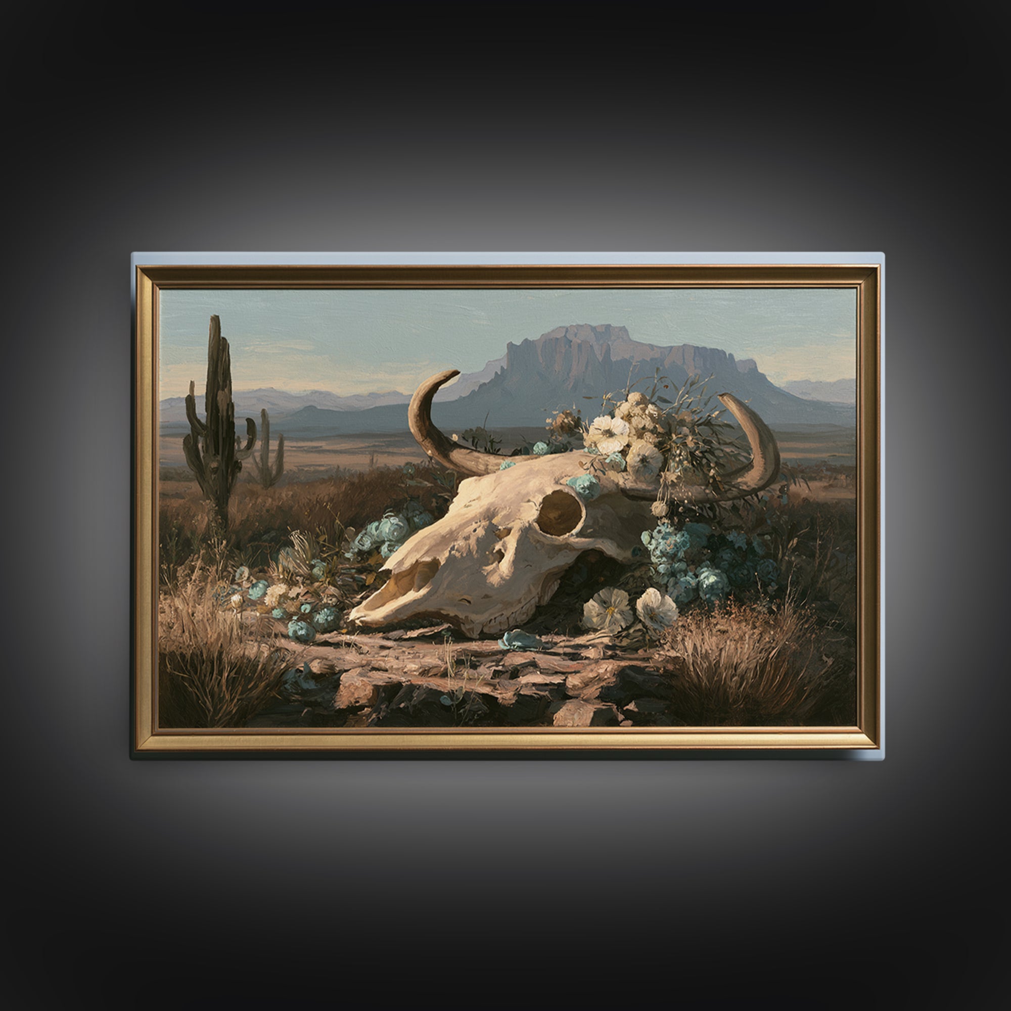 Sun Bleached Skull and Desert Flowers Framed Canvas Print, Desert Art, Southwestern Decor, Watercolor Art, Desert, DES-3x2-40