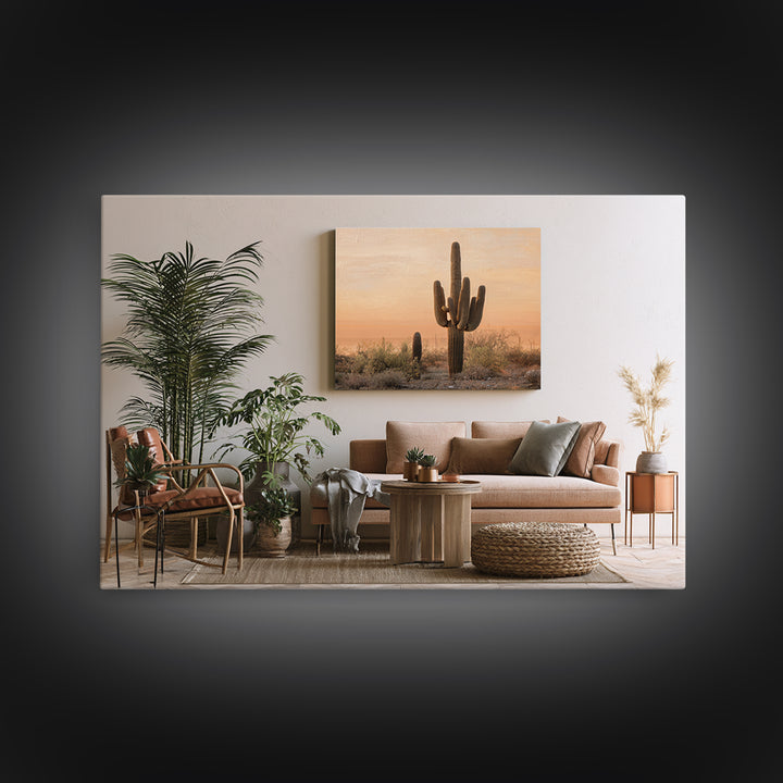Saguaro Cactus under Orange Sunset Sky Canvas Print, Desert Art, Minimalist Decor, Southwestern Decor, Fine Art, Desert, DES-3x2-53