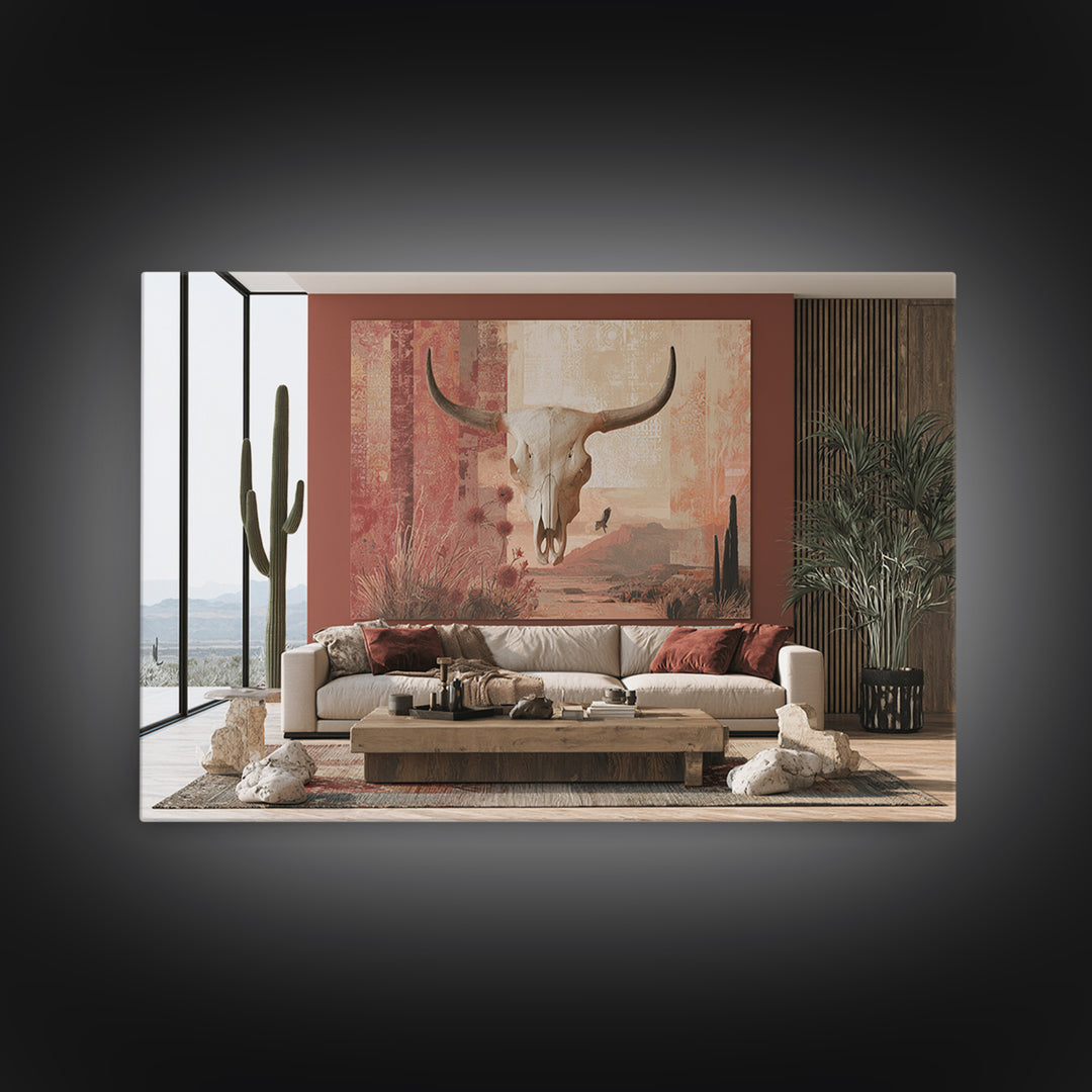 Sun Bleached Skull and Desert Flowers Framed Canvas Print, Desert Art, Original Painting, Southwestern Decor, Fine Art, Desert, DES-3x2-64