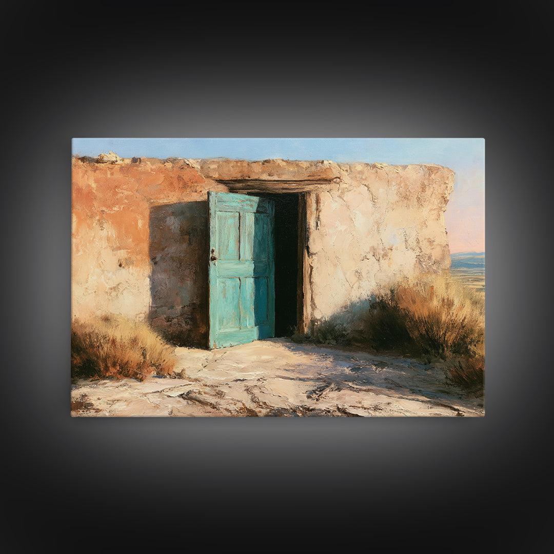 Adobe Doorway with Turquoise Shadow Framed Canvas Print, Desert Art, Contemporary Art, Southwestern Decor, Fine Art, Desert, DES-3x2-81