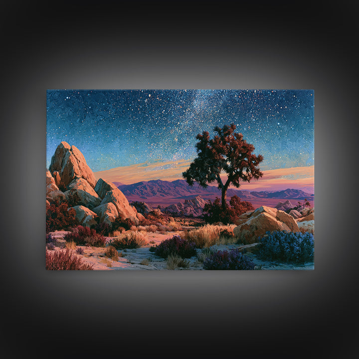 Joshua Tree under Star Filled Night Framed Canvas Print, Desert Art, Statement Artwork, Southwestern Decor, Fine Art, Desert, DES-3x2-82